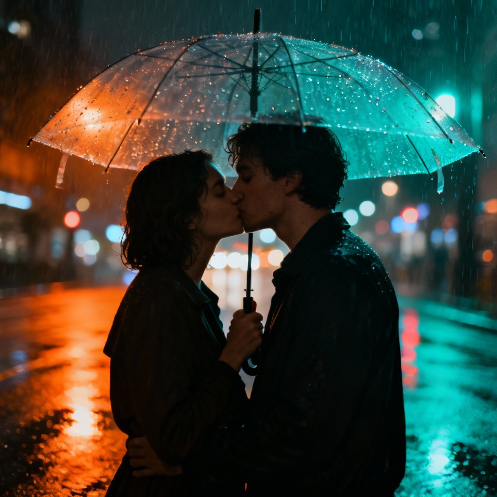 AI rainy street romantic kiss scene with umbrella