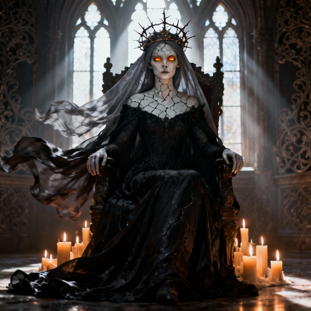 AI dark fantasy queen with crown of thorns in gothic throne room