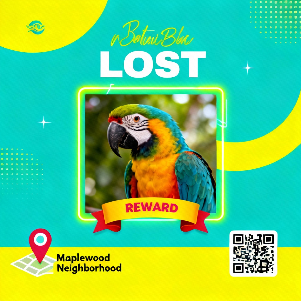 AI colorful lost parrot poster with map pin