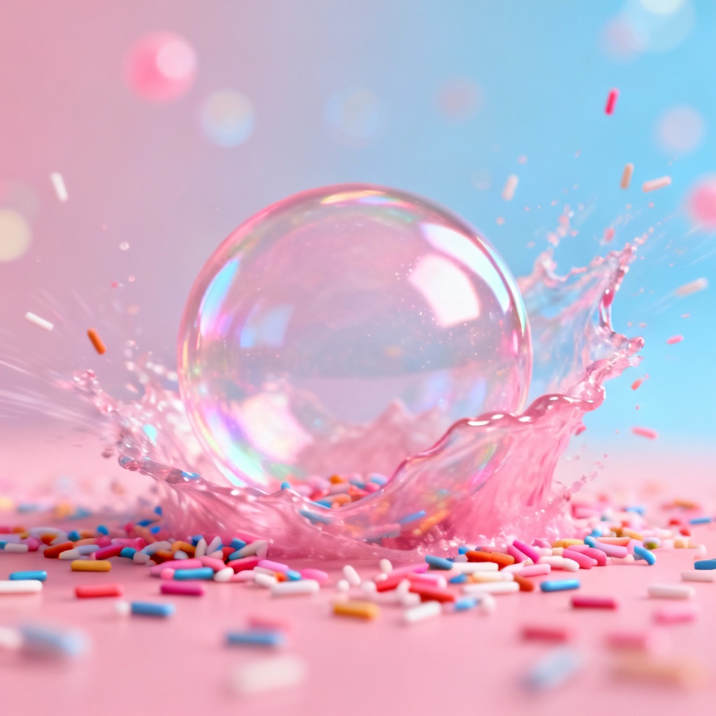 Glossy pink bubblegum bubble bursting in a pastel studio scene