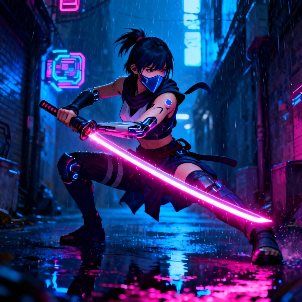 Cyber ninja Mai avatar, neon katana, rain night