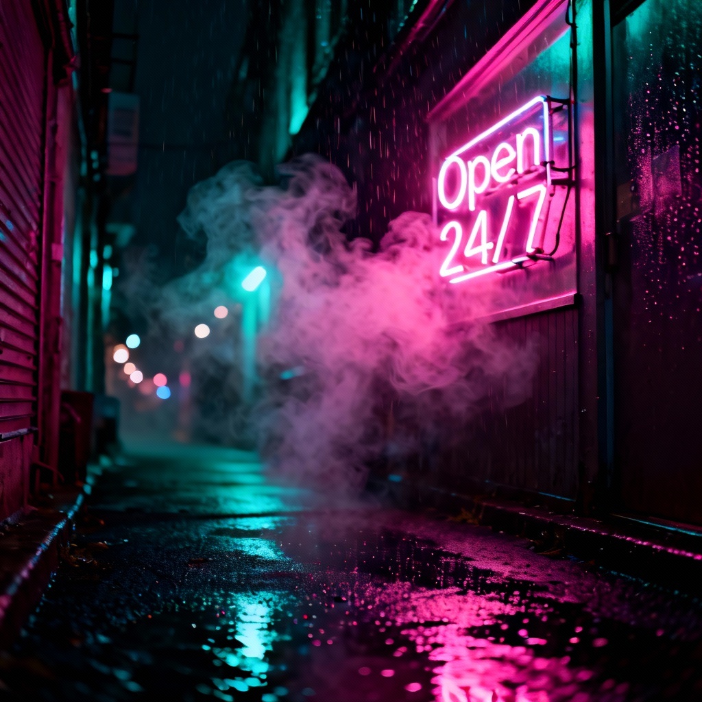 AI neon sign in cyberpunk alley