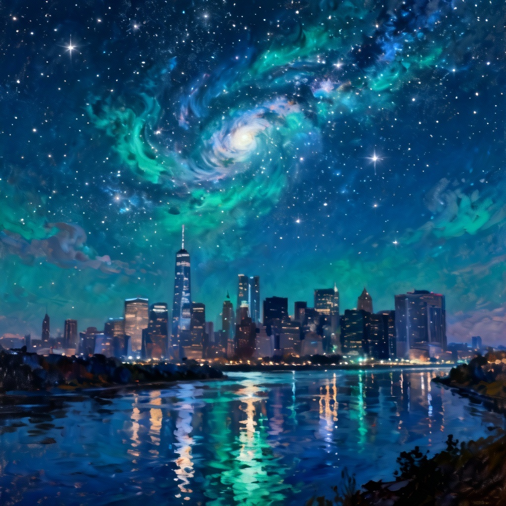 AI starry night city skyline glowing with cosmic sky