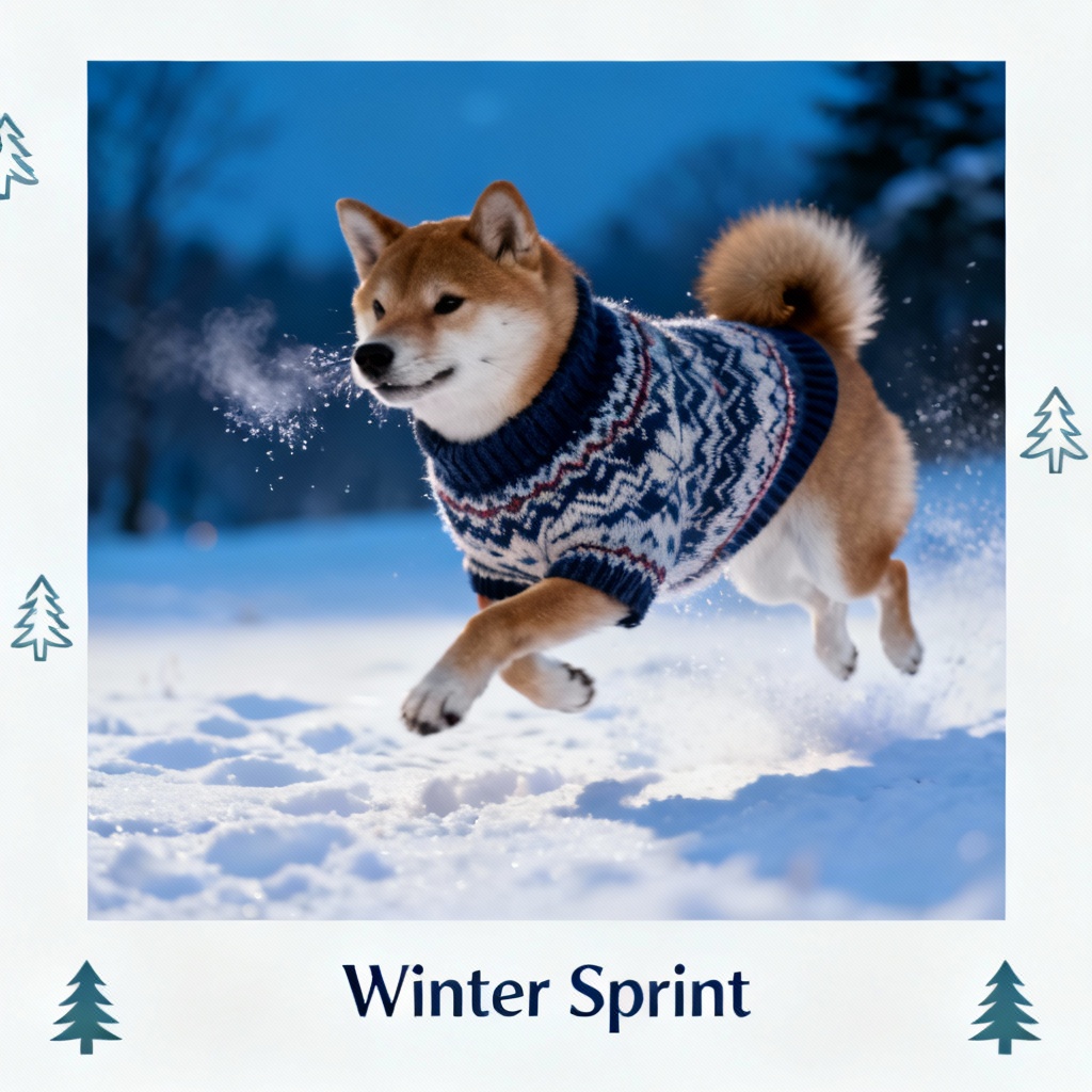 Energetic dog running through snow on a holiday card