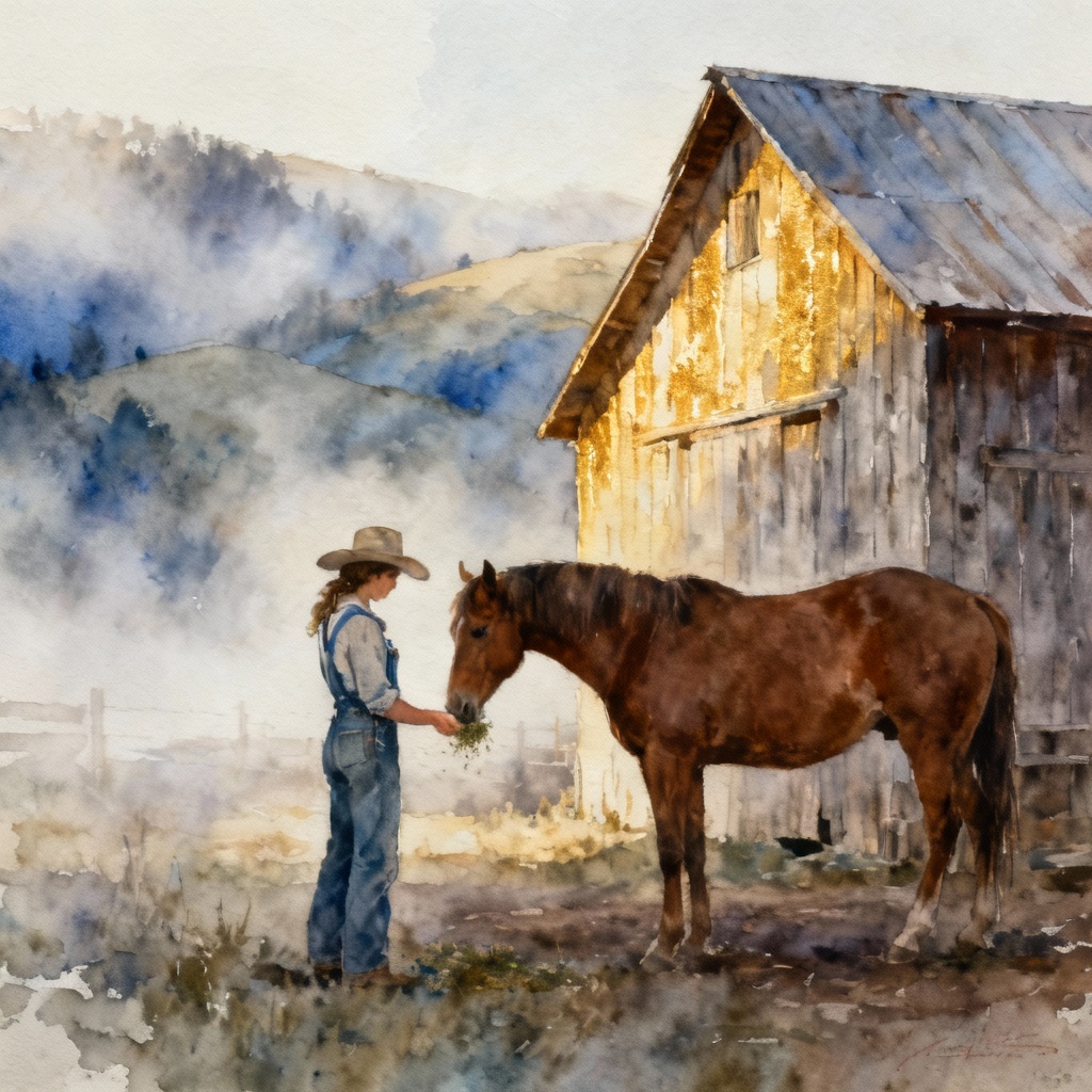 AI watercolor cowgirl scene