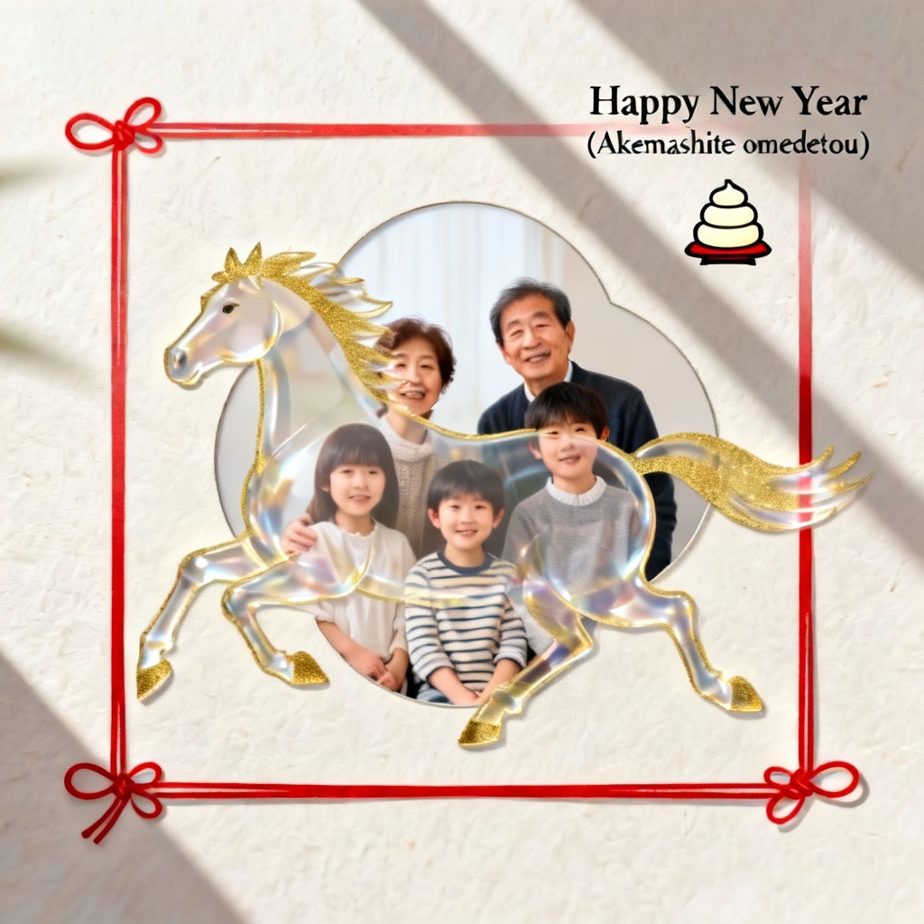 AI photo nengajo with horse overlay and mizuhiki frame