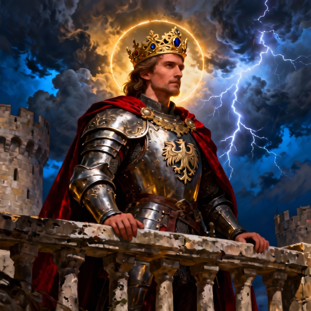 AI lord portrait with crown, velvet cape, and stormy castle backdrop