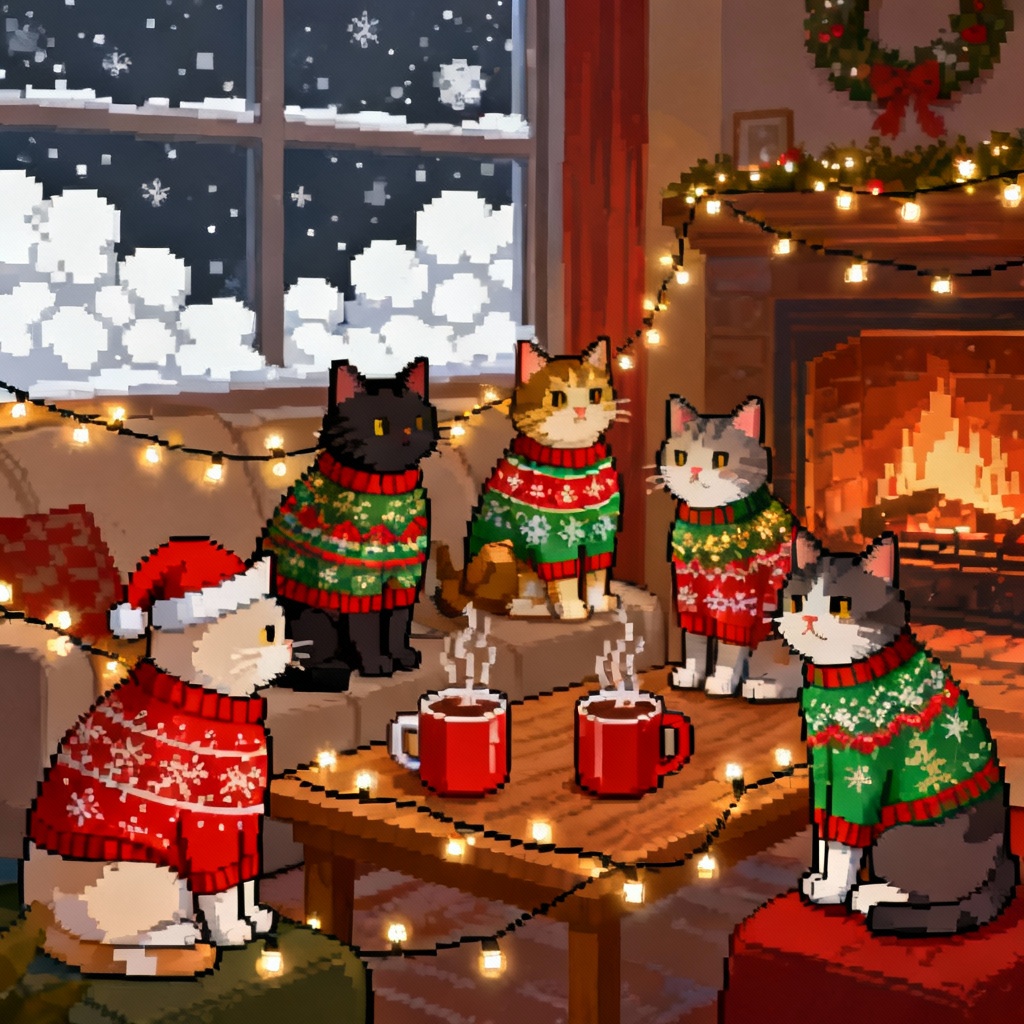 Pixel art ugly sweater party cats