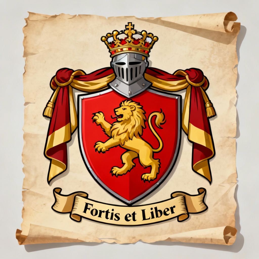 AI coat of arms with lion rampant, crown, and motto scroll