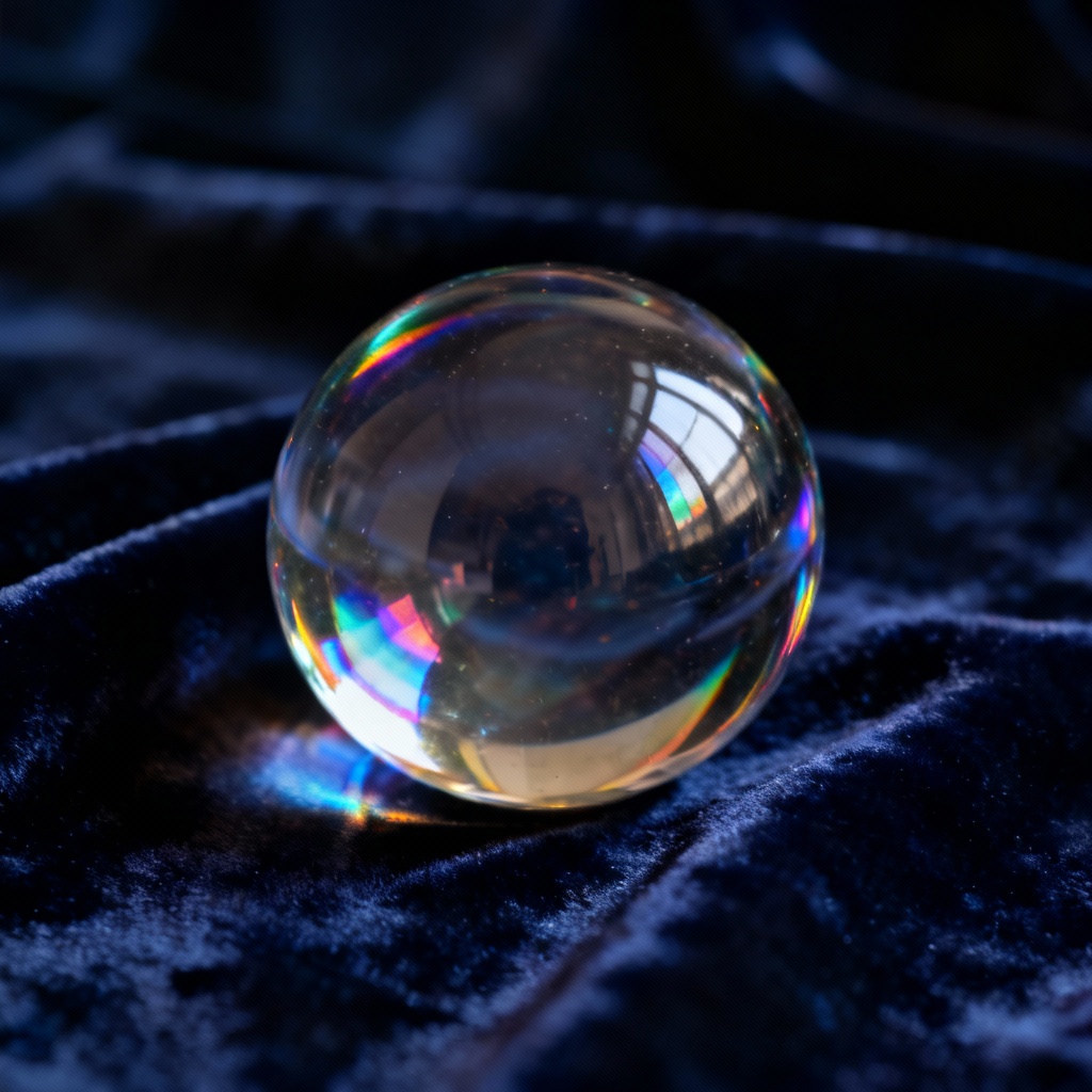 Iridescent glass orb with rainbow dispersion on dark velvet