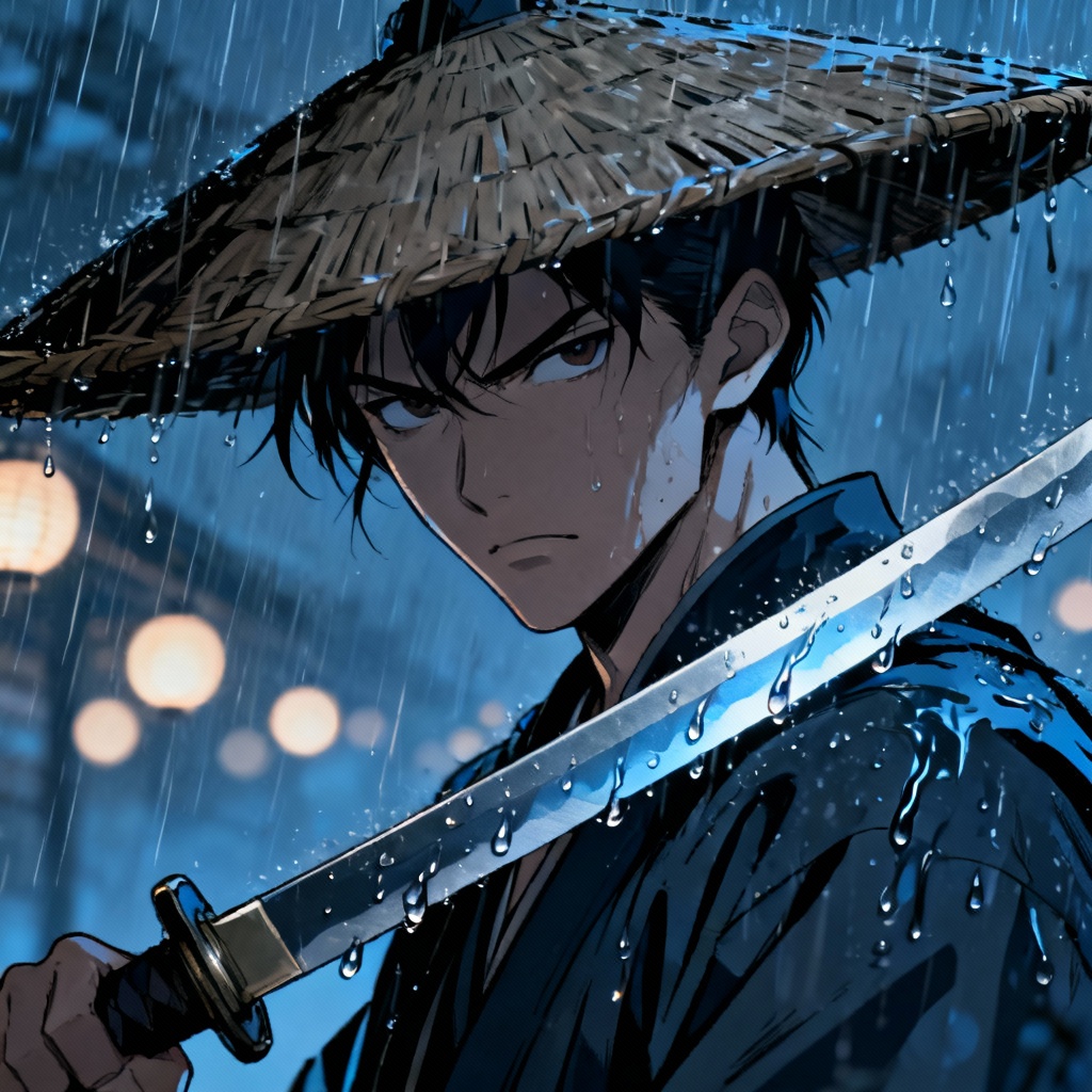 AI anime samurai portrait in the rain