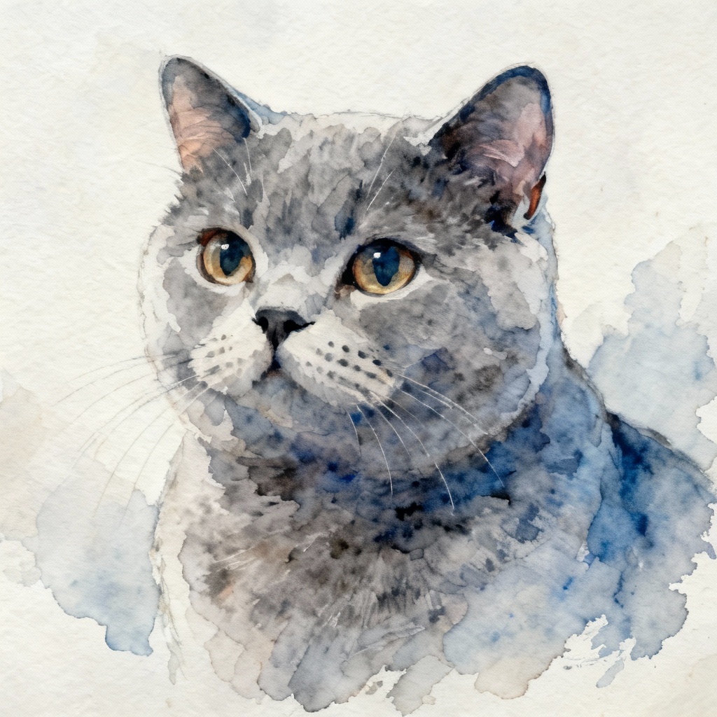 AI watercolor cat portrait of a British Shorthair