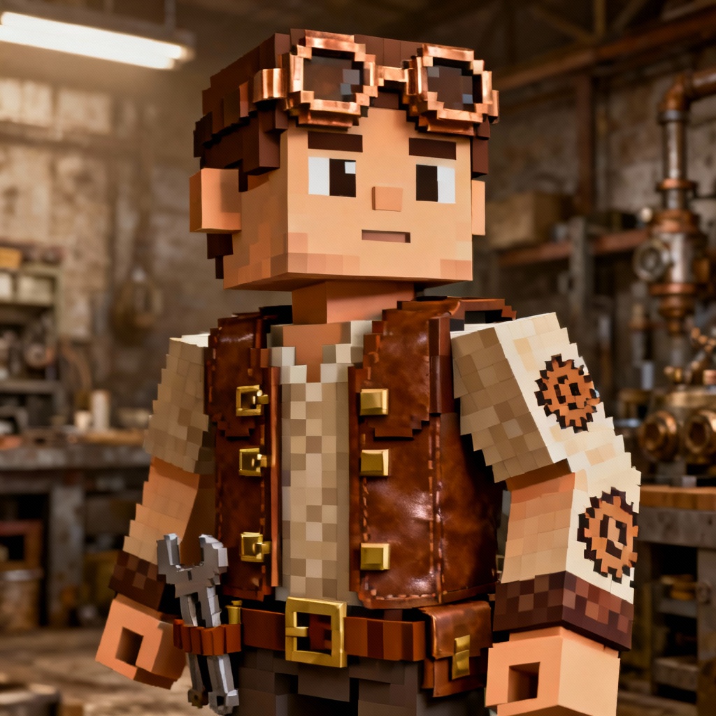 AI steampunk engineer Minecraft skin with goggles and gears