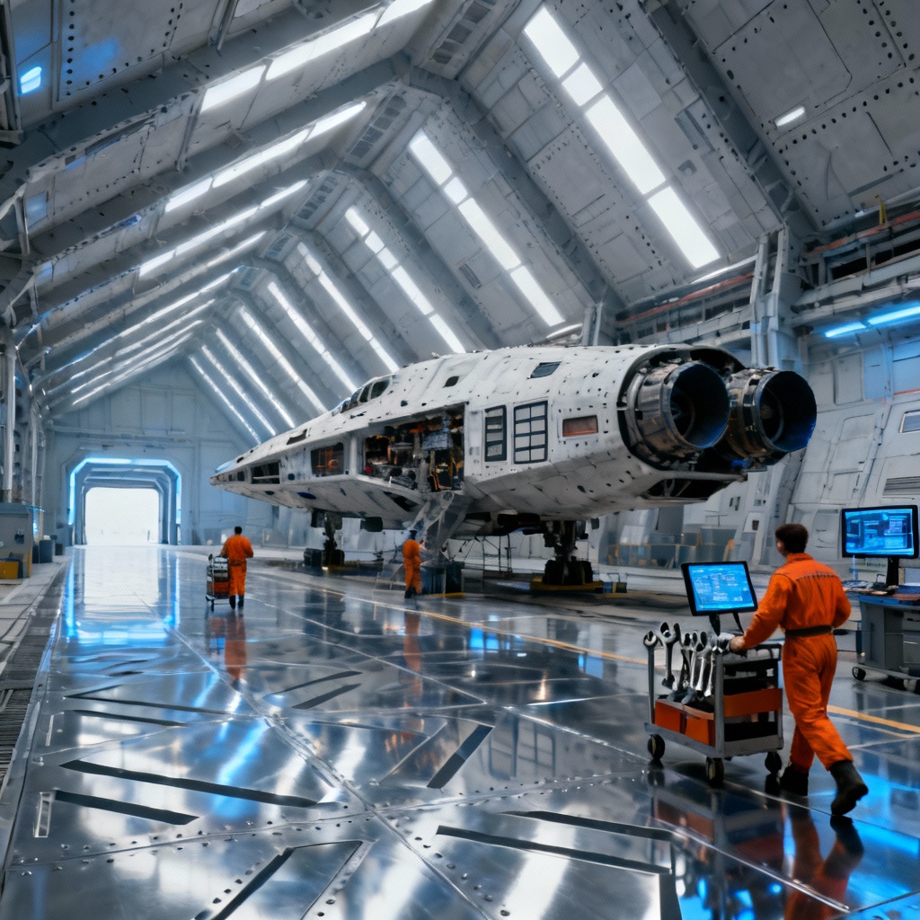AI sci fi spaceship hangar bay with technicians