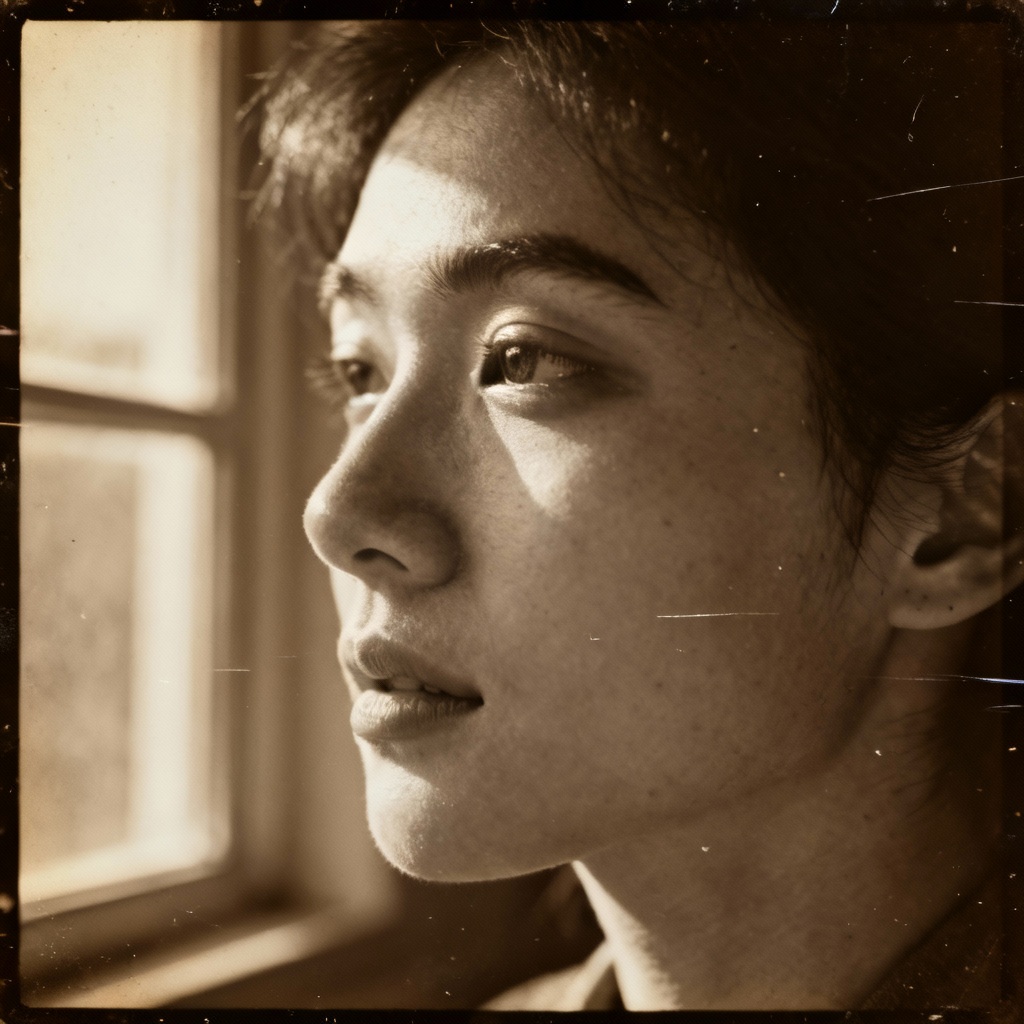 AI vintage portrait with sepia film look and light leaks