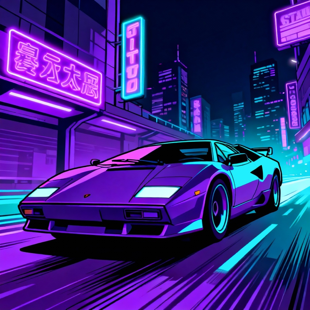 AI GTA-style car poster with neon city lights