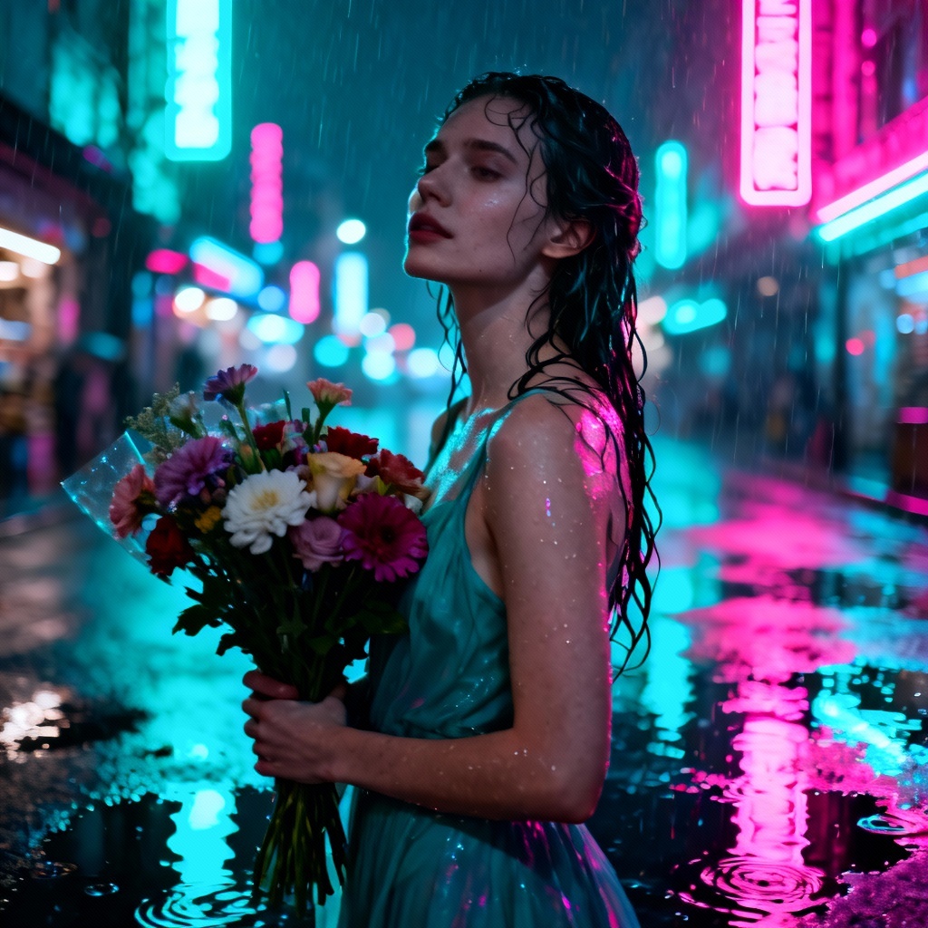 AI modern Ophelia holding flowers in a neon city at night