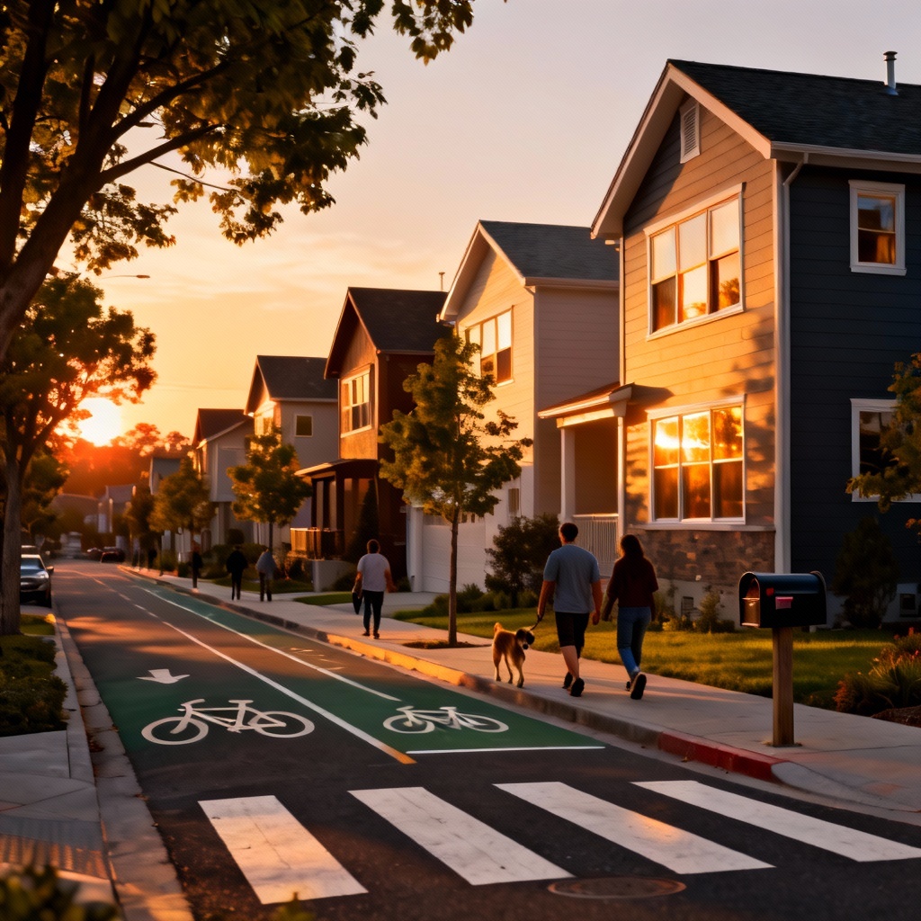 Modern suburban street at sunset with bike lanes and townhouses