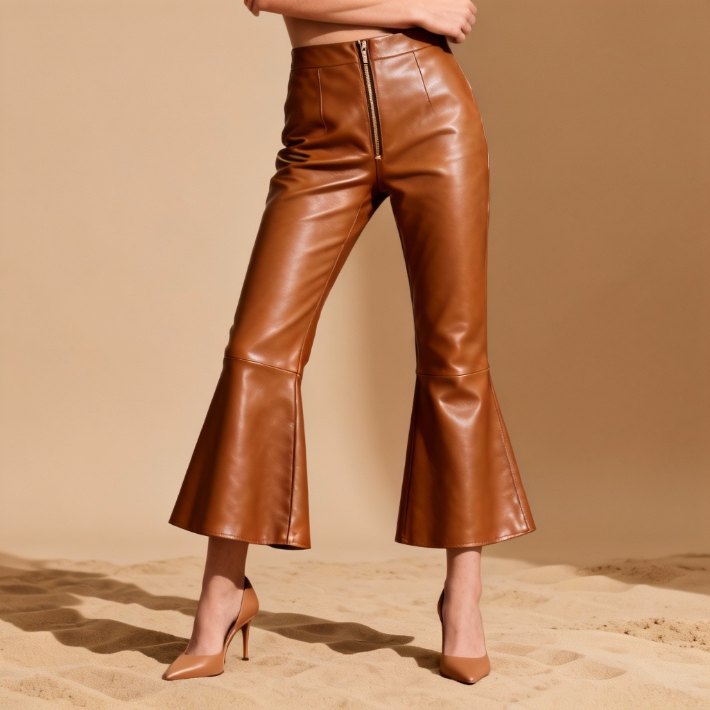 AI tan cropped flare leather pants editorial style
