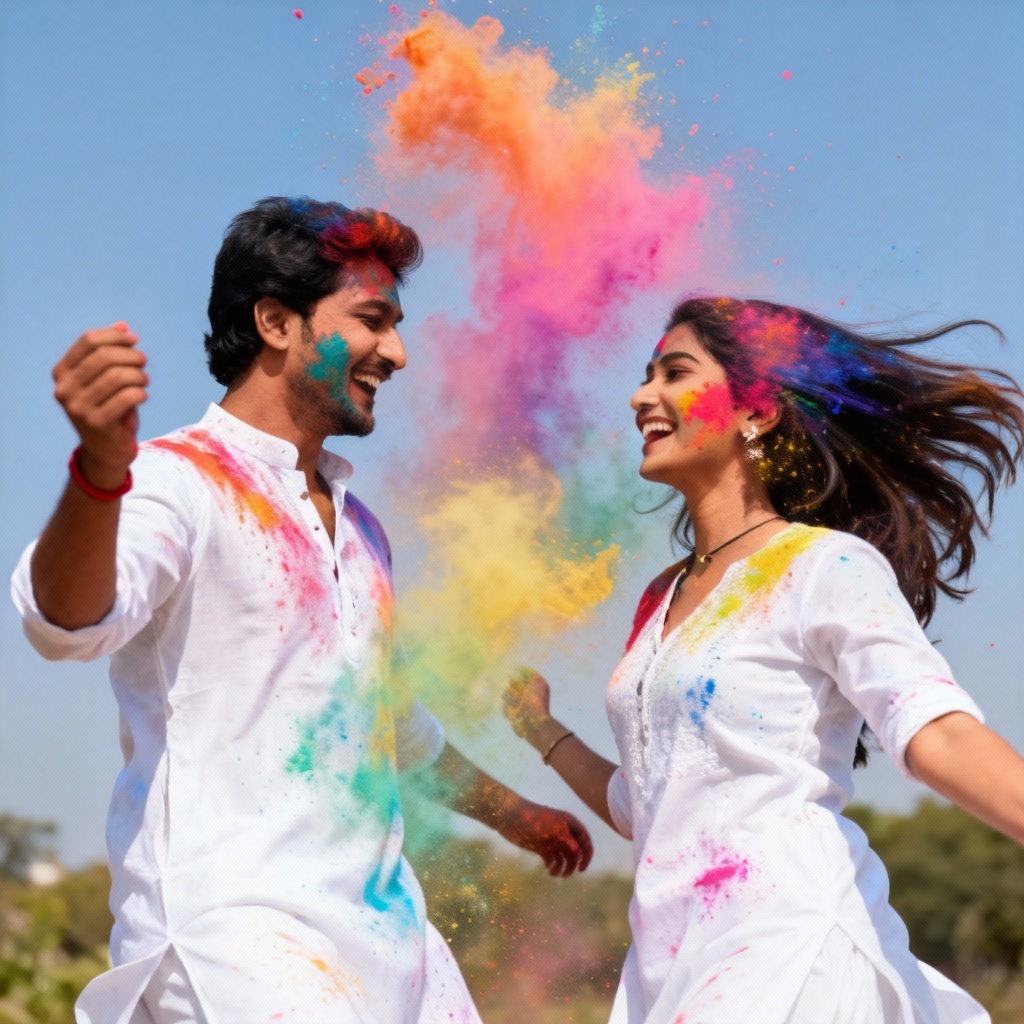 AI Indian couple celebrating Holi with colors