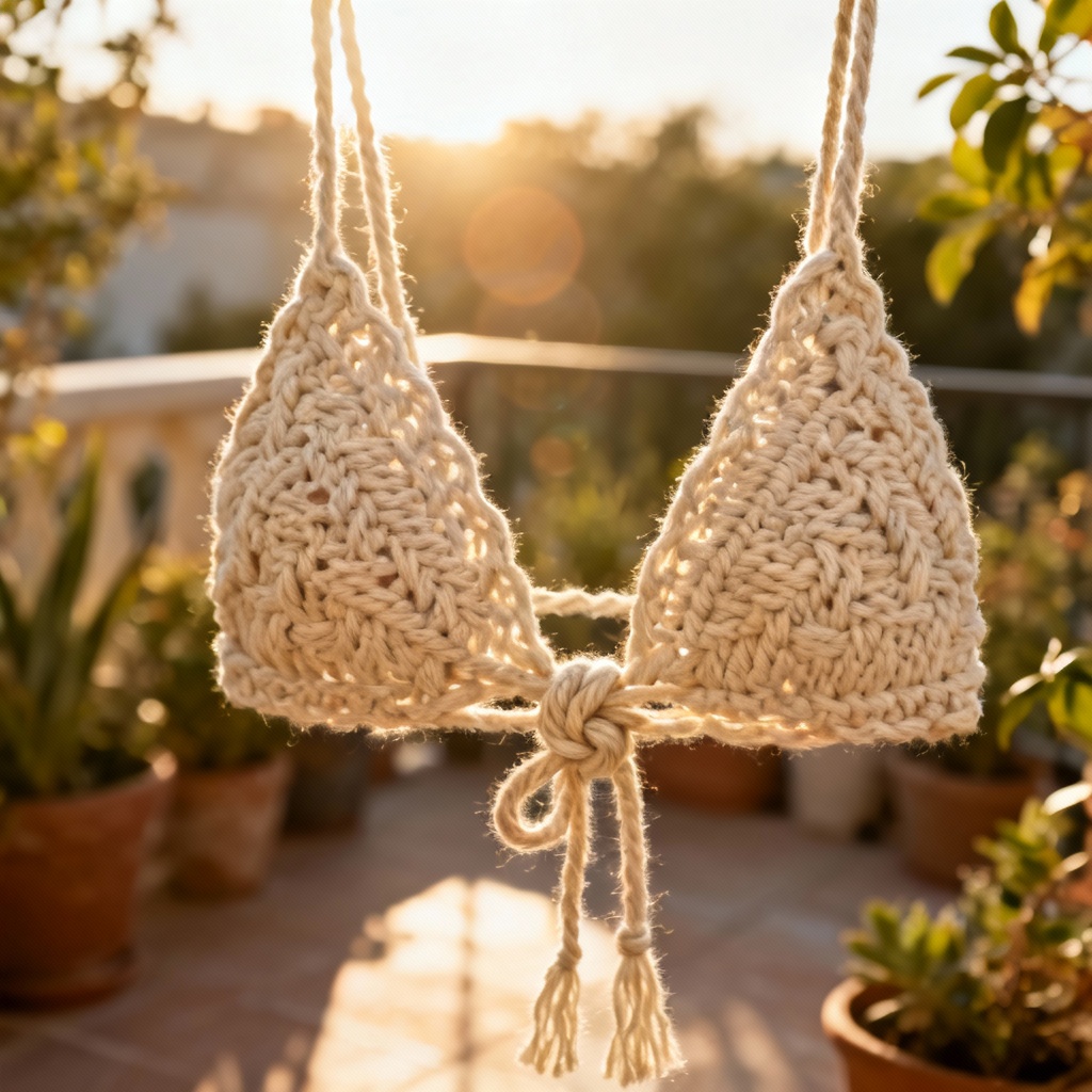Boho crochet bikini top with natural fiber texture