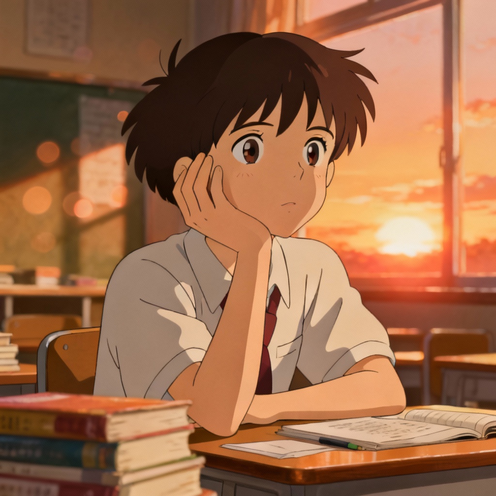 Anime thinking student pose concept