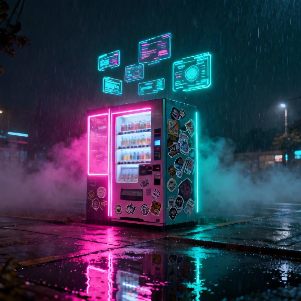 AI cyberpunk vending machine with neon glow