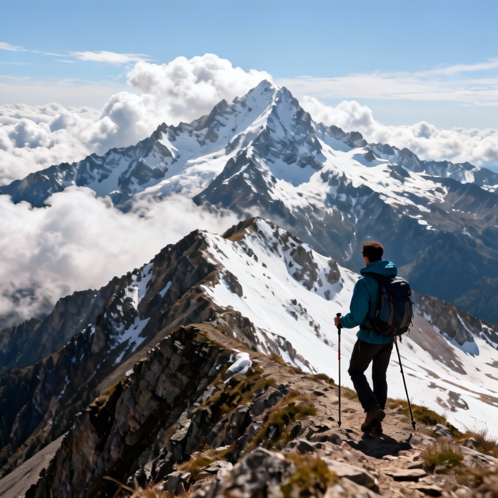 AI alpine hiker on a mountain ridge panorama