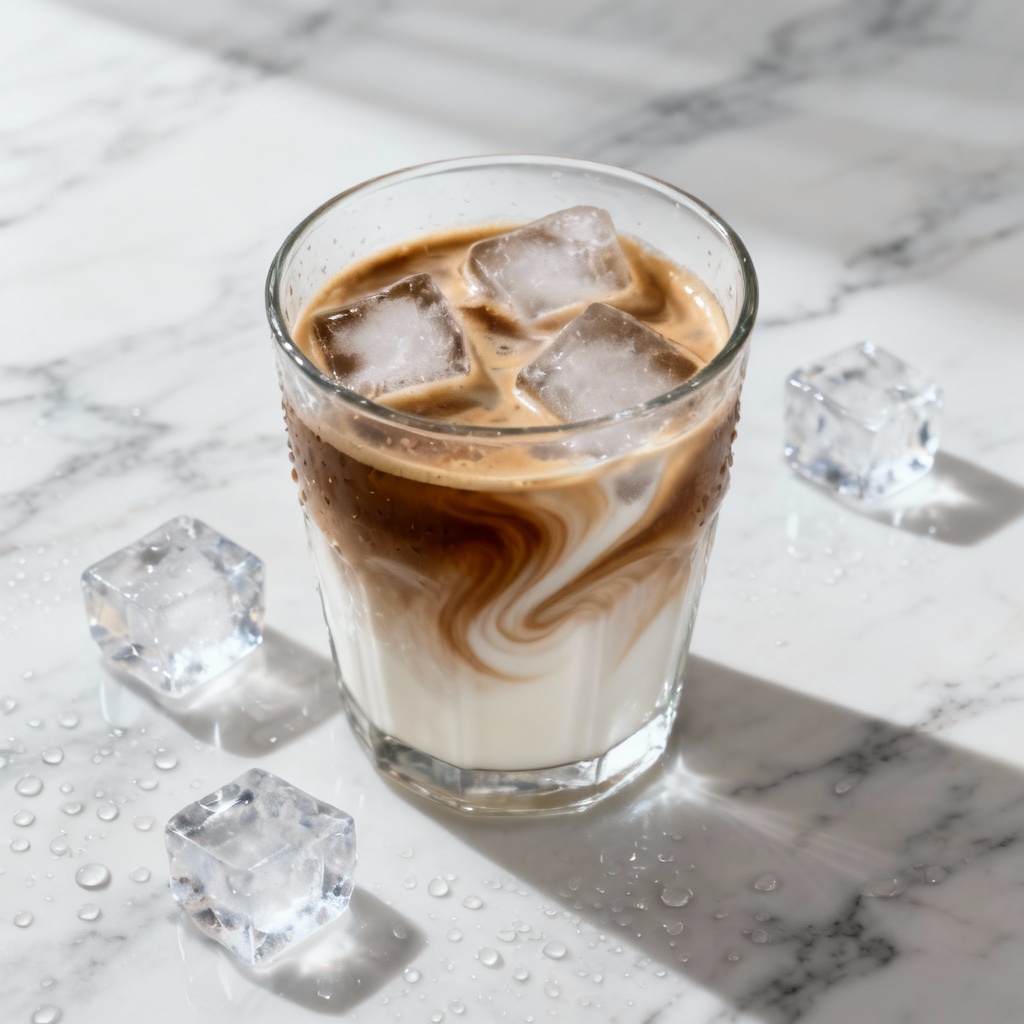 AI iced latte with swirls and ice cubes