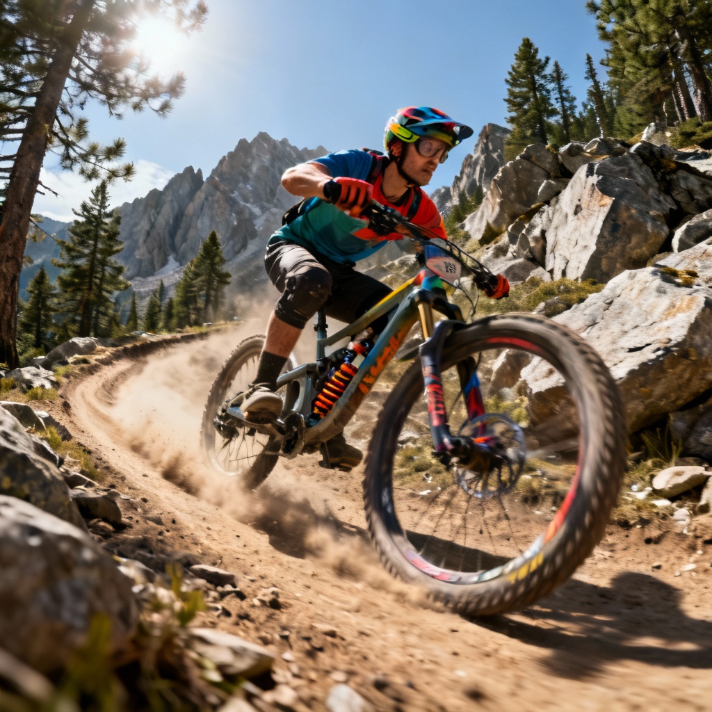 AI mountain biking action on rocky alpine singletrack