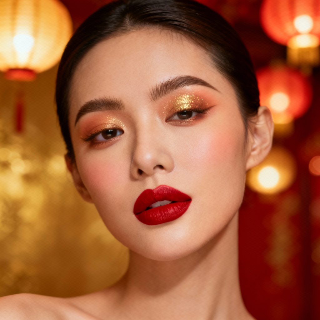 AI classic red lip Lunar New Year makeup