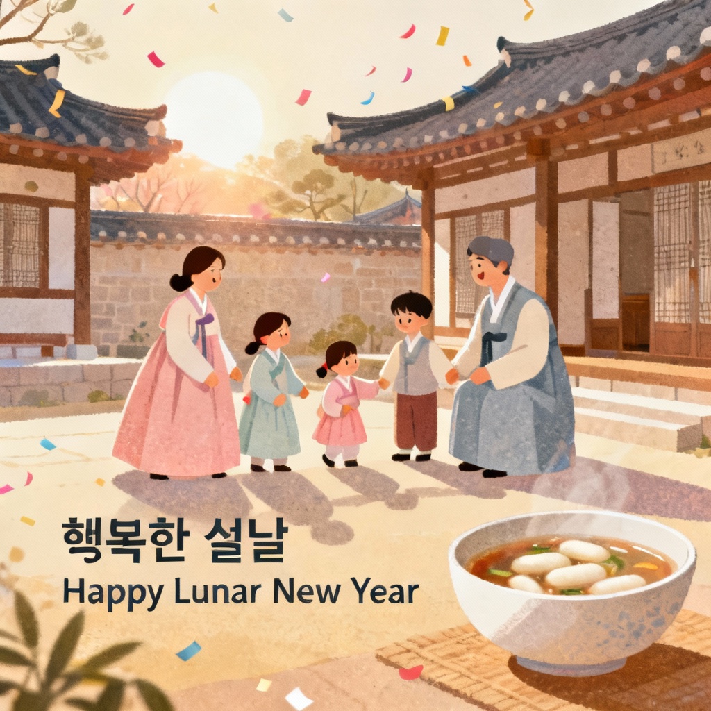 Korean family in hanbok performing sebae on a holiday card