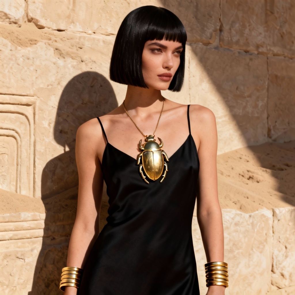 AI fashion look featuring scarab amulet and gold cuffs
