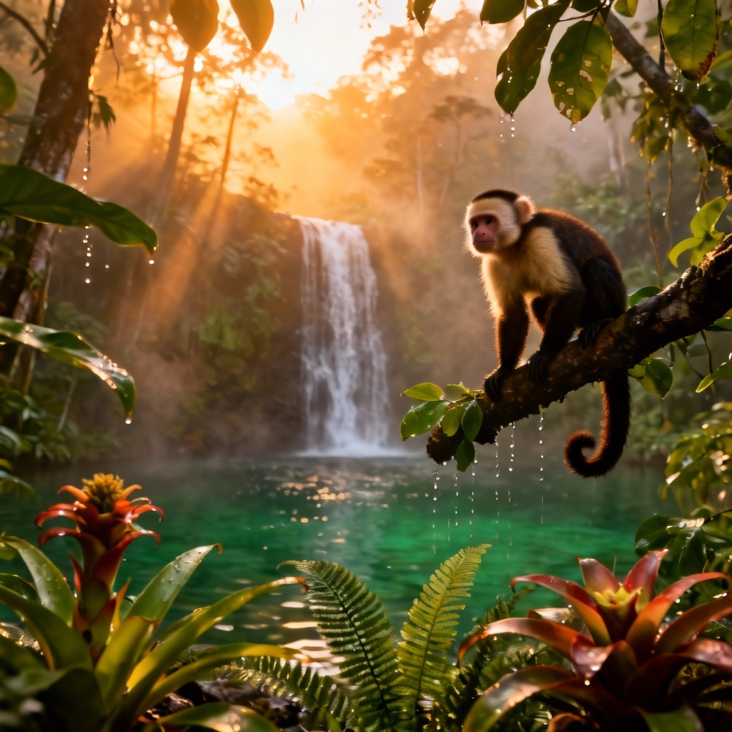 AI jungle landscape with misty Amazon sunrise and waterfall