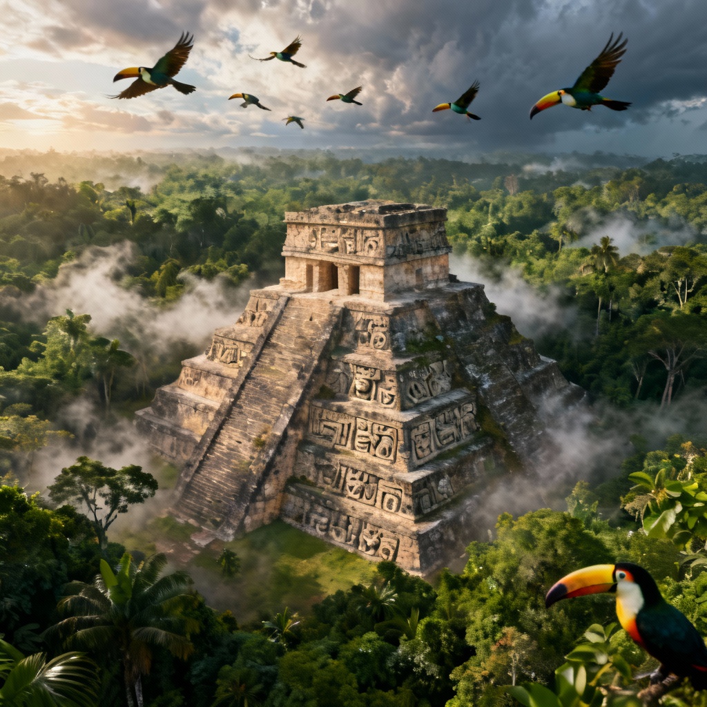 AI Mayan jungle city with pyramids above canopy