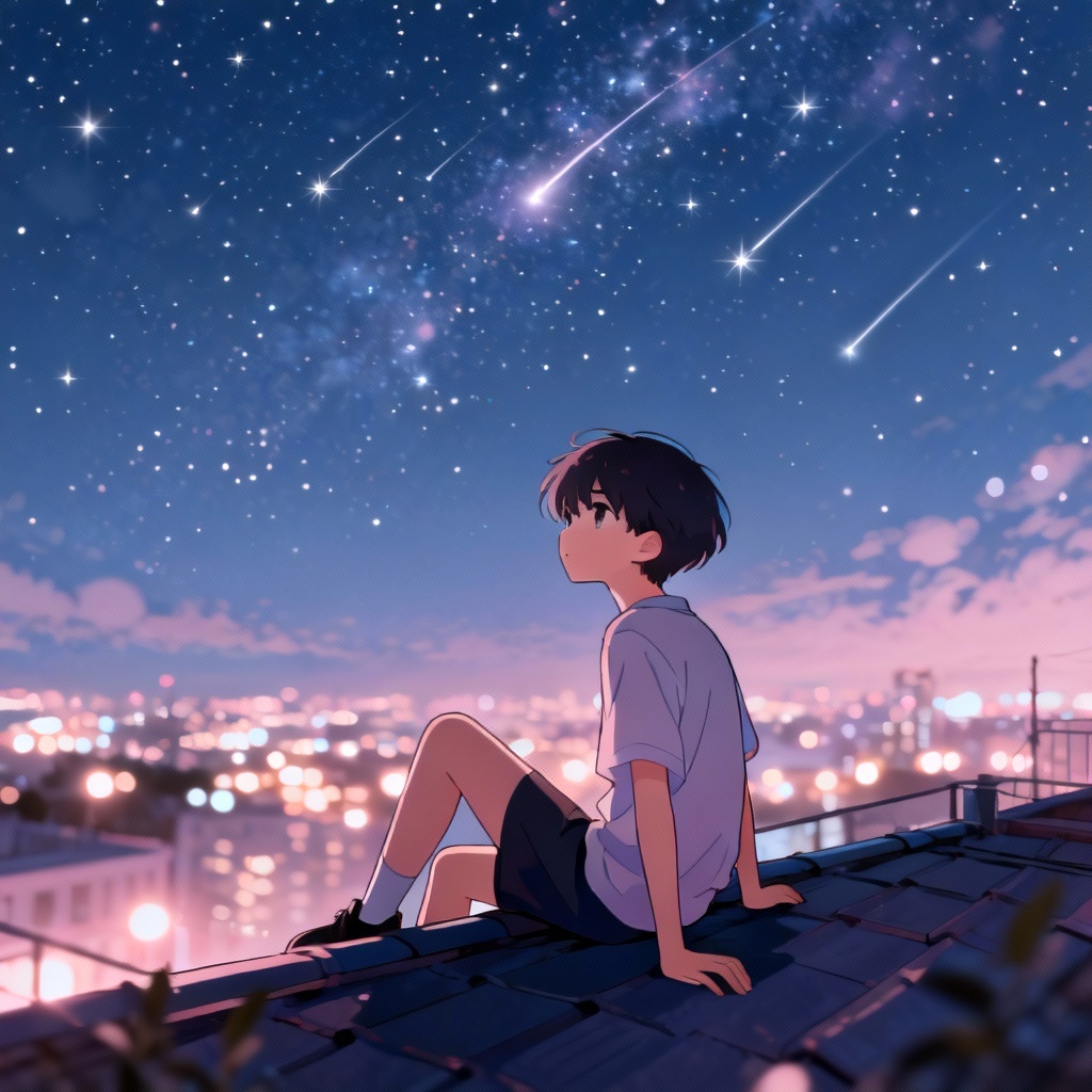 AI anime character stargazing on rooftop