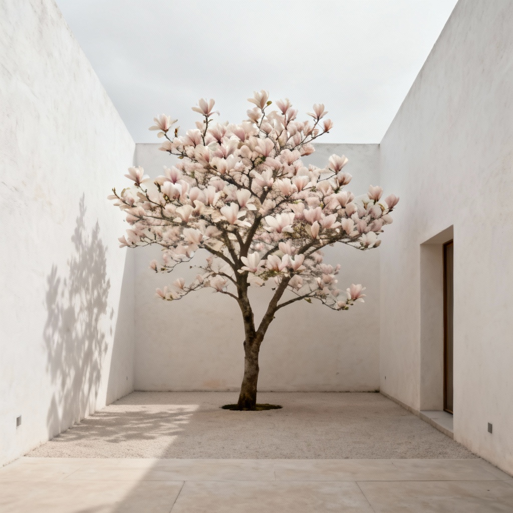 AI minimalist magnolia blossoms in a zen courtyard