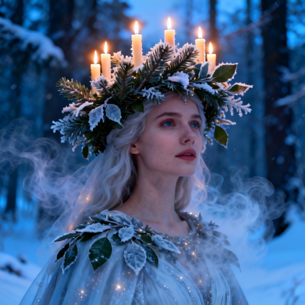 Fantasy Lucia queen with snowy crown and glowing candles
