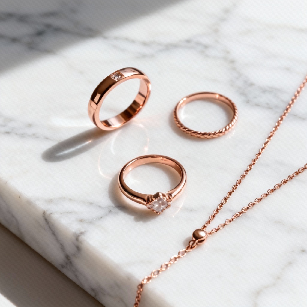 Rose gold jewelry flatlay on white marble surface