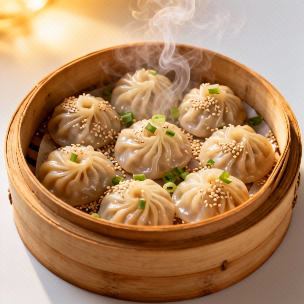 Photorealistic bamboo steamer filled with glossy soup dumplings