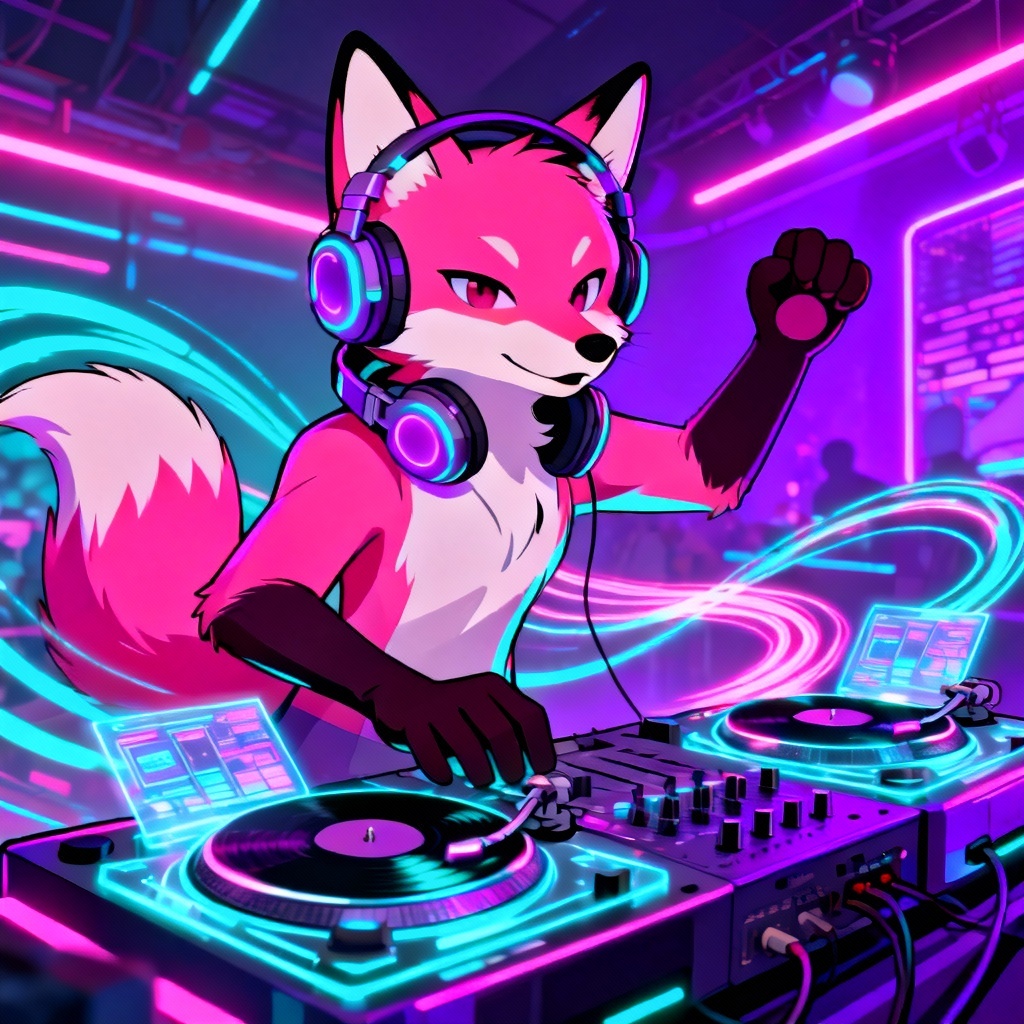 AI neon fox furry DJ with headphones in a glowing club