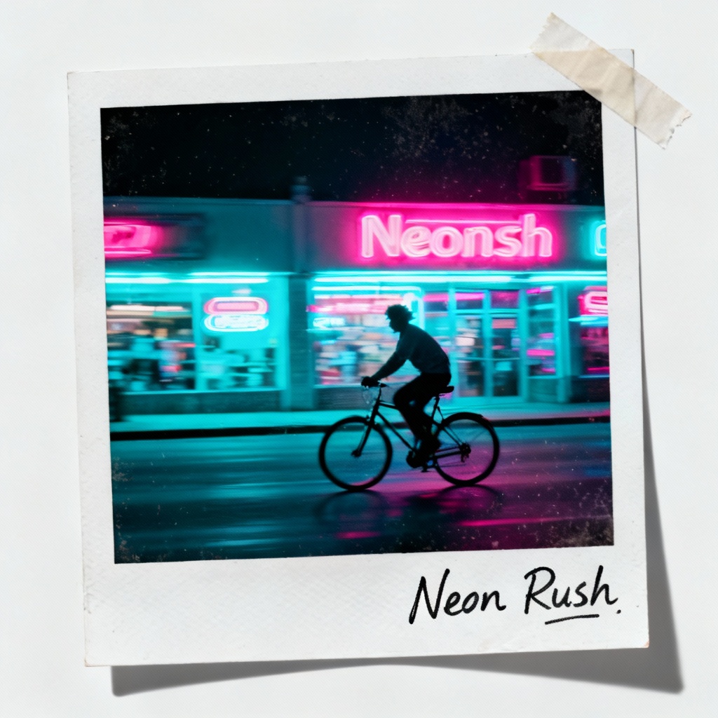 AI polaroid of a cyclist under neon lights with retro instant camera aesthetic