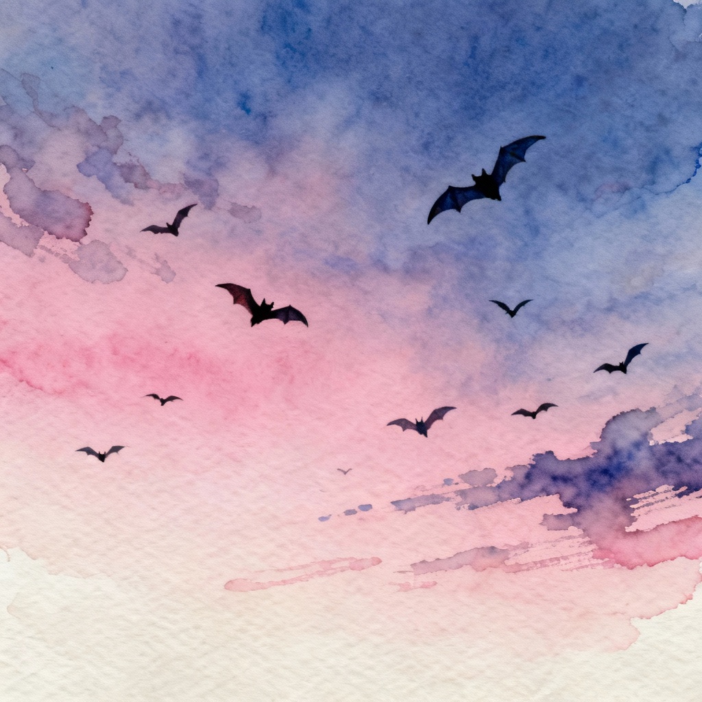 AI watercolor bats in twilight sky
