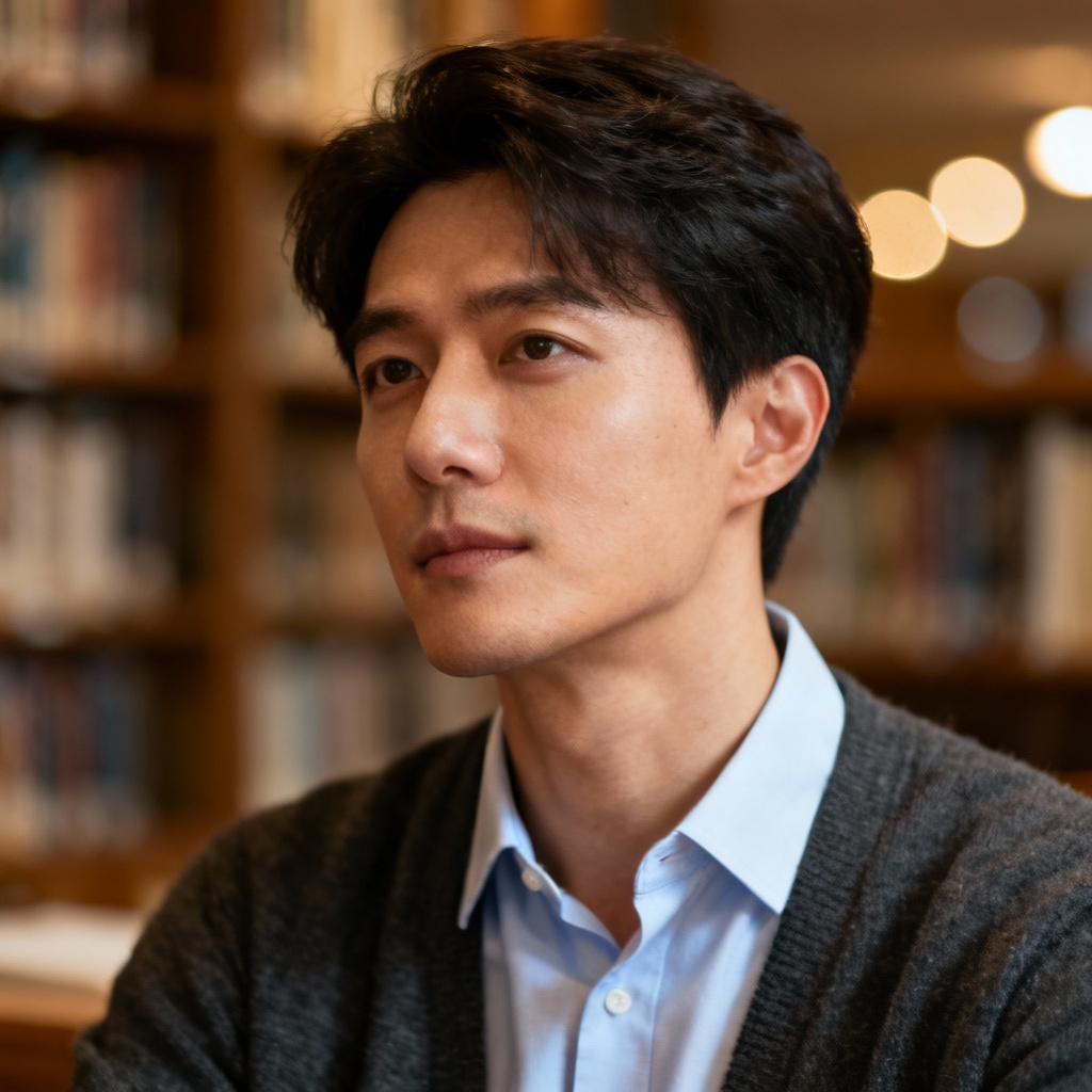 Warm academic profile with library bokeh