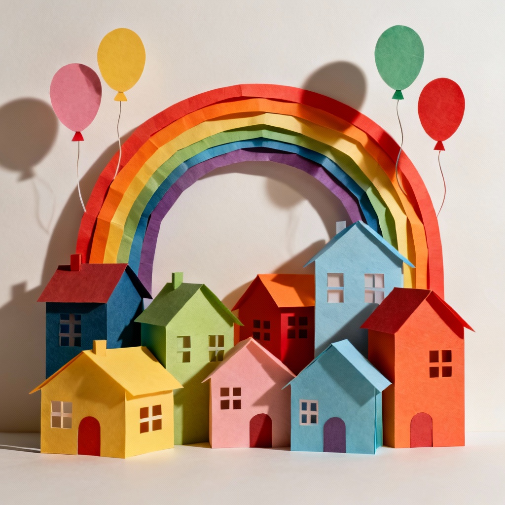 Paper cutout village with floating balloons and rainbow
