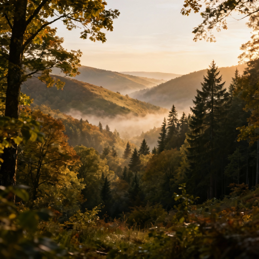 AI-generated temperate forest valley with mixed conifers and deciduous trees at golden hour