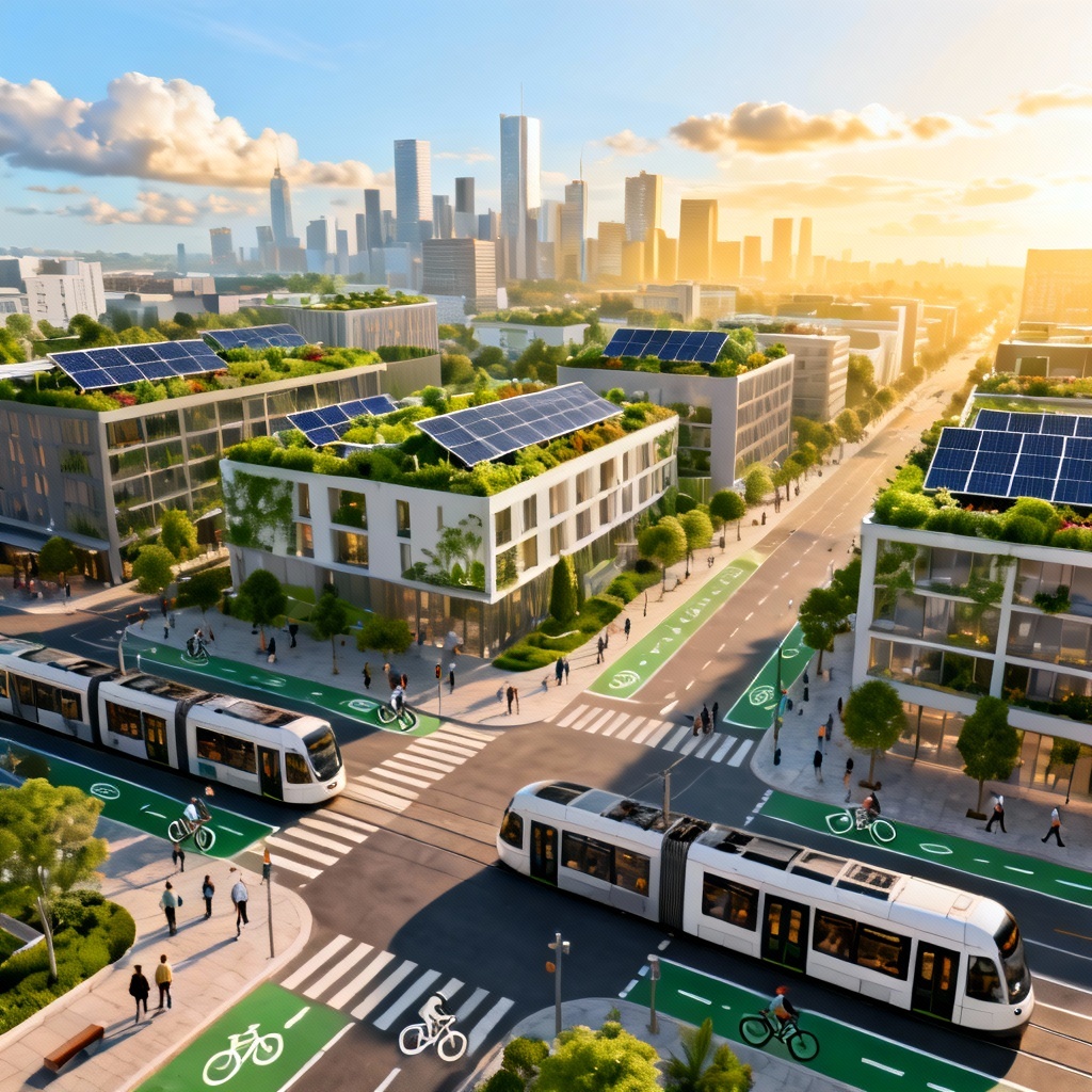 AI green smart city in soft morning light
