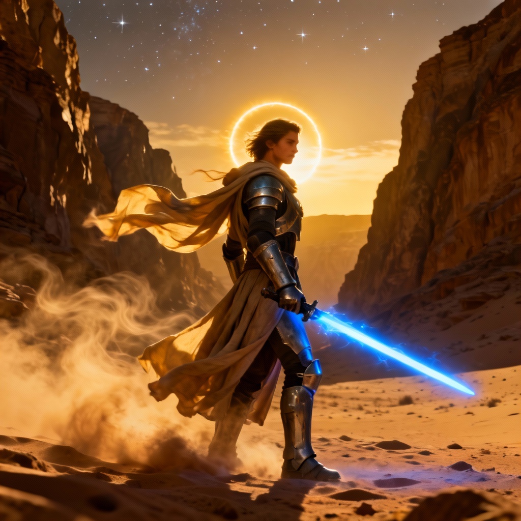 AI Jedi maker cinematic warrior portrait with glowing energy blade