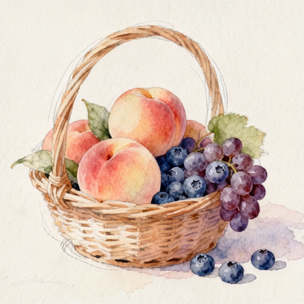 AI watercolor fruit basket still life