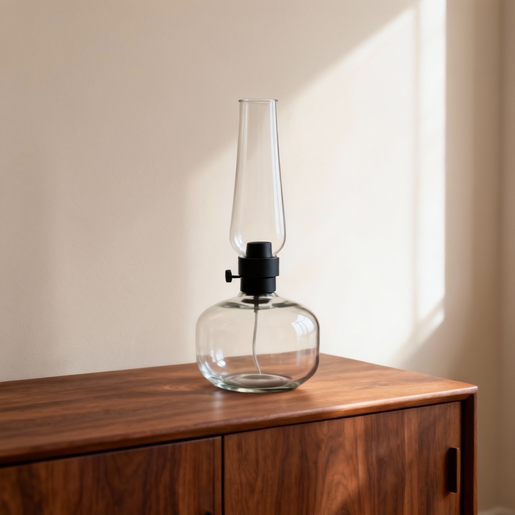 Minimal mid-century glass oil lamp on walnut sideboard
